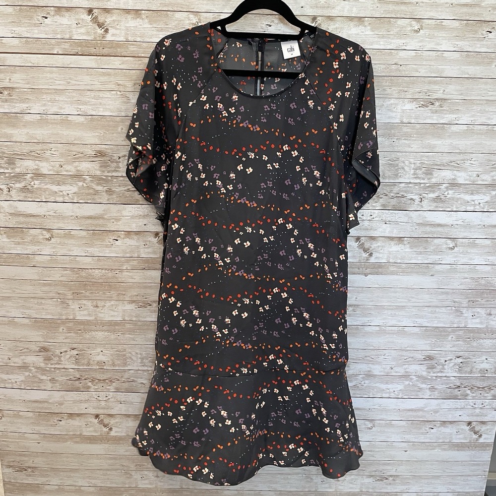 Cabi Womens M Dress #3828 Black Floral AOP Lightweight Short Sleeve Sheer Flare